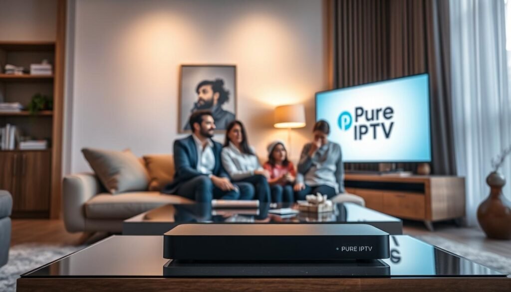 A bright, modern living room setting showcasing a large, illuminated flat-screen TV displaying the brand name "Pure IPTV" prominently. In the foreground, a sleek, discreet IPTV box is placed on a stylish coffee table, indicating the technology's presence. The middle ground features comfortable seating, with a family enjoying a cozy viewing experience, dressed in professional casual attire. Soft, natural lighting enhances the ambiance, casting a warm glow throughout the room. In the background, elegant decor complements the scene, promoting a sense of reliability and modernity. The overall mood is inviting and educational, emphasizing the importance of choosing a reliable IPTV service, perfect for a broad audience.