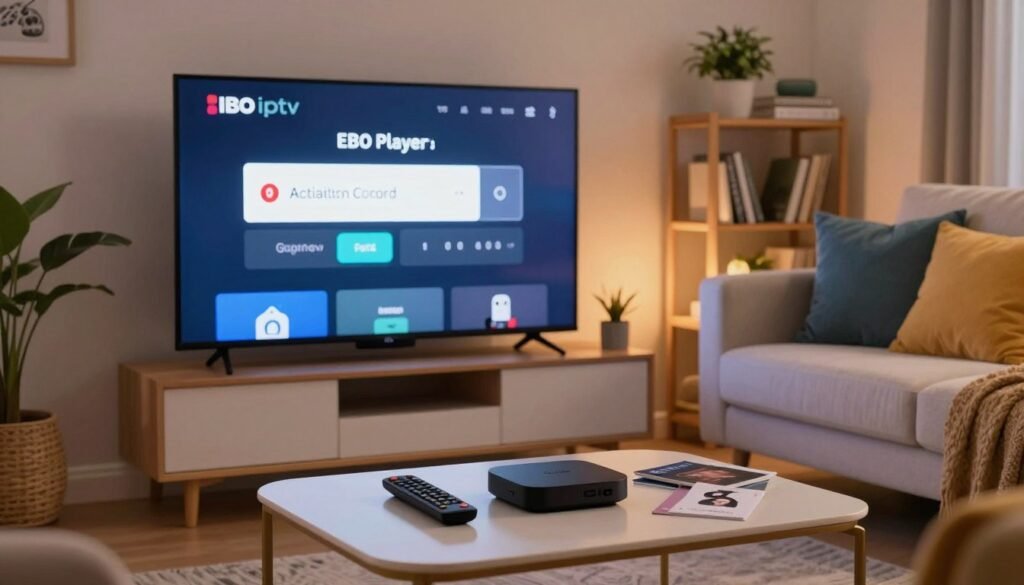 A cozy living room setting featuring a modern flat-screen TV displaying the IBO Player interface with an activation code prominently shown. The scene is warmly lit, creating a welcoming atmosphere, with soft lighting casting gentle shadows. In the foreground, a stylish coffee table holds a remote control and a few streaming device manuals. In the middle ground, a plush sofa is adorned with colorful cushions, offering a comfortable viewing spot. In the background, a decorative shelf showcases books and plants, enhancing the homey feel. The brand logo "pure iptv" is subtly integrated into the TV screen design. The overall mood is informative and inspiring, conveying a sense of straightforward guidance in setting up the application.