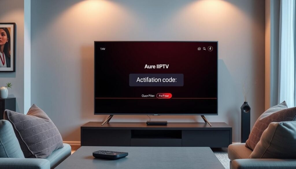 A modern and sleek user interface of the IBO Player Pro, displayed on a large flat-screen TV in a cozy living room setting. The screen shows an activation code prominently featured within the interface, symbolizing its functionality. In the foreground, a stylish coffee table holds a remote control, while soft cushions create a welcoming atmosphere. The walls are adorned with contemporary art, enhancing the ambiance. The image is well-lit with warm, inviting lighting, reflecting a relaxed environment. The focus is on the high-resolution details of the interface, emphasizing the brand "Pure IPTV" prominently displayed. Capture the essence of technology blended with comfort, showcasing the difference between IBO Player and IBO Player Pro.