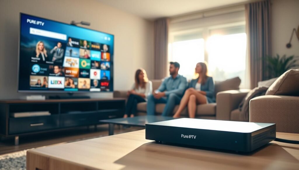 A modern living room bathed in warm, natural light, featuring a large, illuminated screen displaying a vibrant interface of streaming video options. In the foreground, a sleek, discreet set-top box labeled "Pure IPTV" rests on a stylish media console. In the middle, a family, dressed in professional but casual attire, is gathered on a comfortable sofa, engaged in discussion about their viewing options. Behind them, a window reveals a sunny day outside, adding an inviting atmosphere. The overall mood is one of informality and comfort, highlighting the ease of accessing various streaming formats and the importance of an Electronic Program Guide (EPG) in today's digital landscape. Emphasize clarity and detail to showcase the innovation in television streaming.