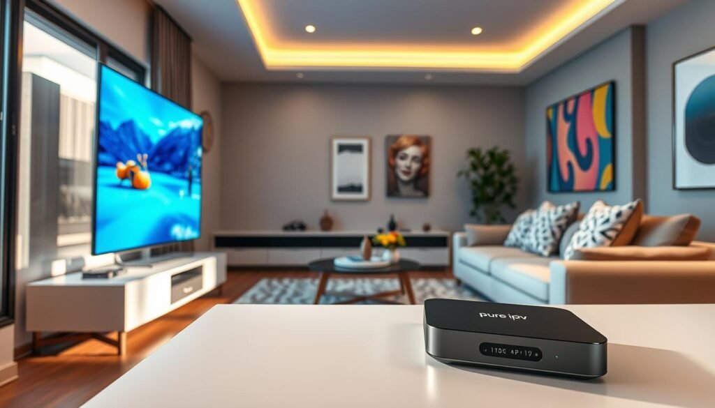A modern living room featuring a bright and inviting atmosphere, showcasing a large, illuminated screen displaying a vibrant 4K video stream. In the foreground, a sleek and stylish "pure iptv" streaming box is subtly placed on a minimalist TV stand. The middle ground includes a cozy couch adorned with decorative cushions, accompanied by a sleek coffee table. The background captures vibrant wall art and a large window allowing natural light to flood in, enhancing the warm ambiance. Lighting is soft yet ample, highlighting the details in the room. The scene conveys a sense of comfort and innovation, illustrating the journey of video streams to the screen in a seamless, engaging manner.