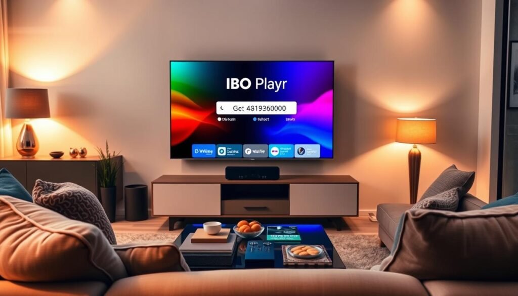 A modern living room scene showcasing an "IBO Player" on a sleek flat-screen TV. The television displays a vibrant interface with an activation code clearly visible on the screen, symbolizing user-friendly IPTV access. In the foreground, a comfortable sofa with cushions invites relaxation, while a stylish coffee table holds a remote control and snacks. The middle ground features the TV unit, elegantly designed, creating an inviting atmosphere. The background is softly lit, suggesting a cozy evening ambiance with warm, ambient lighting. The overall mood is informative yet relaxed, ideal for understanding the functionality of IP-based entertainment. Include the brand name "Pure IPTV" displayed subtly on the screen.