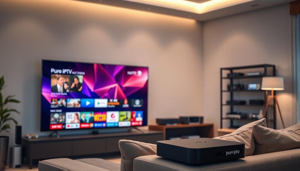 A modern living room setting bathed in soft, ambient lighting. In the foreground, a sleek, large flat-screen television displays vibrant 4K visuals, showcasing a diverse range of streaming content. Next to it, a discreet "pure iptv" box is elegantly designed and blends seamlessly with the decor. The middle ground features a comfortable sofa with plush cushions, inviting viewers to engage with the entertainment experience. The background includes a well-organized shelf with multimedia accessories, enhancing the room's tech-savvy atmosphere. The composition focuses on the balance between technology and comfort, creating an inviting mood that emphasizes the concept of IPTV and 4K streaming. The image should capture a professional yet approachable environment without any text, emphasizing educational themes.