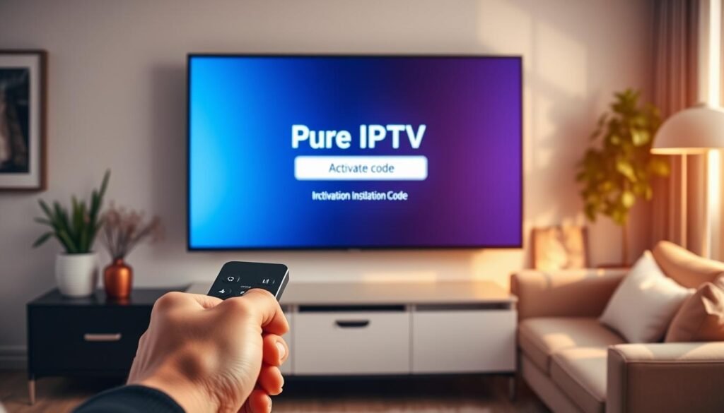 A modern living room setting featuring a Smart TV, prominently displaying the "Pure IPTV" activation code on screen. In the foreground, a pair of hands are shown using a remote control to navigate through the installation interface of the IBO Player. In the middle ground, the Smart TV is sleek and flat, mounted on a stylish wall or sitting on a media console, with soft lighting that creates a cozy and inviting atmosphere. In the background, tasteful decor like a comfy sofa and potted plants enhance the ambiance, while warm light filters in through a window, suggesting a peaceful afternoon. The overall mood of the image is informative and engaging, perfect for illustrating the installation tutorial.