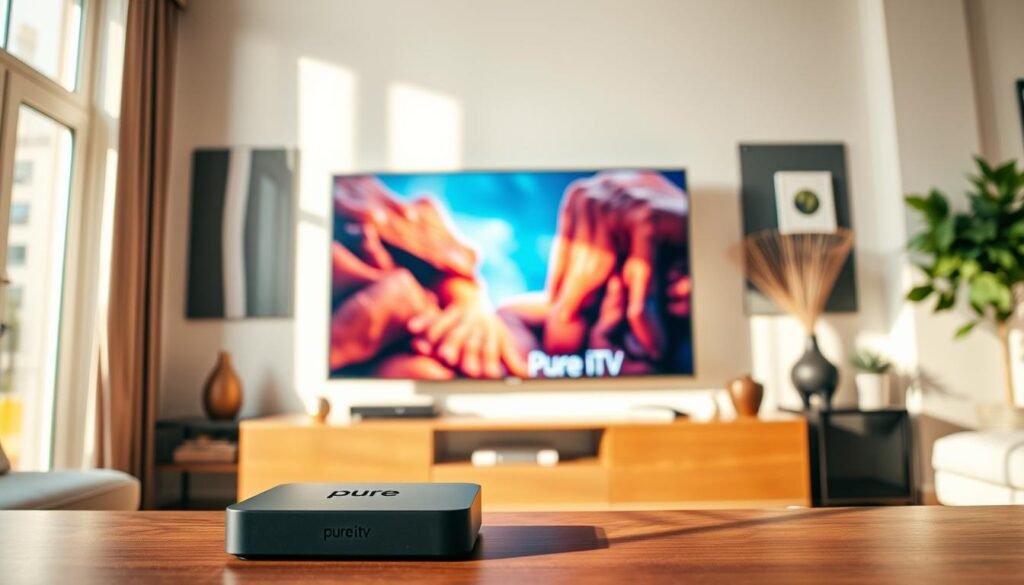 A modern living room with a bright, inviting atmosphere, featuring a large flat-screen television displaying vibrant 4K content. In the foreground, a sleek and minimalist smart TV box branded "pure iptv" sits discreetly on a stylish entertainment unit. The walls are painted in soft, neutral tones, adorned with tasteful decorative elements. Warm natural light floods the room through large windows, creating a cozy and welcoming mood. The scene captures a professional setting, emphasizing comfort and advanced technology, with a focus on the daily benefits of premium IP television services. The angle is slightly angled to showcase the screen, with soft shadows adding depth, ensuring a clean and polished look without any people in the frame.