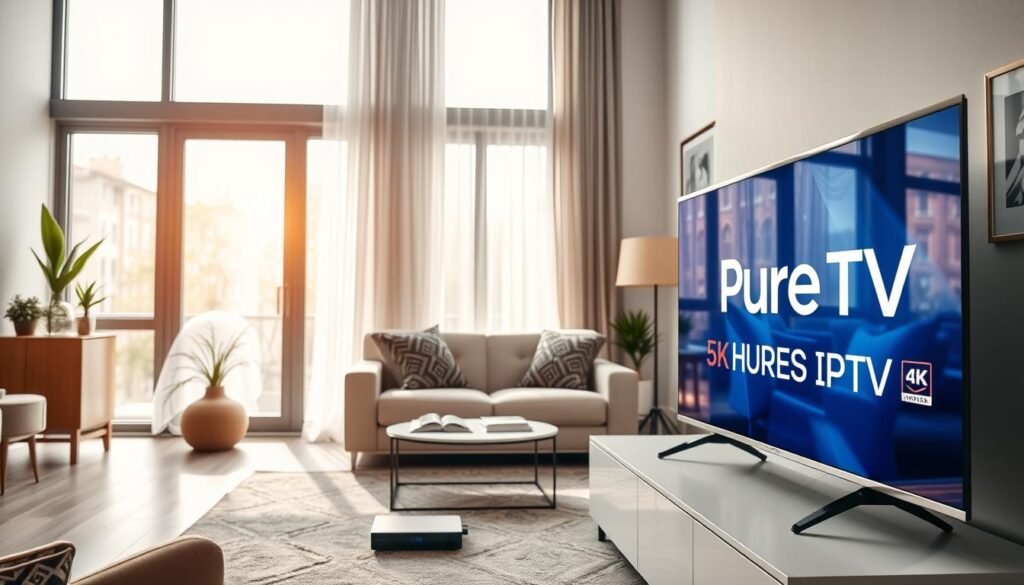 A modern living room with a large, bright window allowing natural light to flood in. In the foreground, a sleek, modern TV displaying stunning 4K IPTV content with the logo "Pure IPTV" prominently visible. The scene is set with a stylish, minimalistic entertainment unit featuring a discreet IPTV box. In the middle, a plush sofa adorned with stylish cushions invites relaxation, while a small coffee table holds a remote control and a few magazines. In the background, tastefully arranged decor, including houseplants and artwork on the walls, enhances the aesthetic. The image is shot at a slight angle to capture the inviting atmosphere, emphasizing clarity and vibrancy, evoking a sense of premium viewing experience in a comfortable setting.